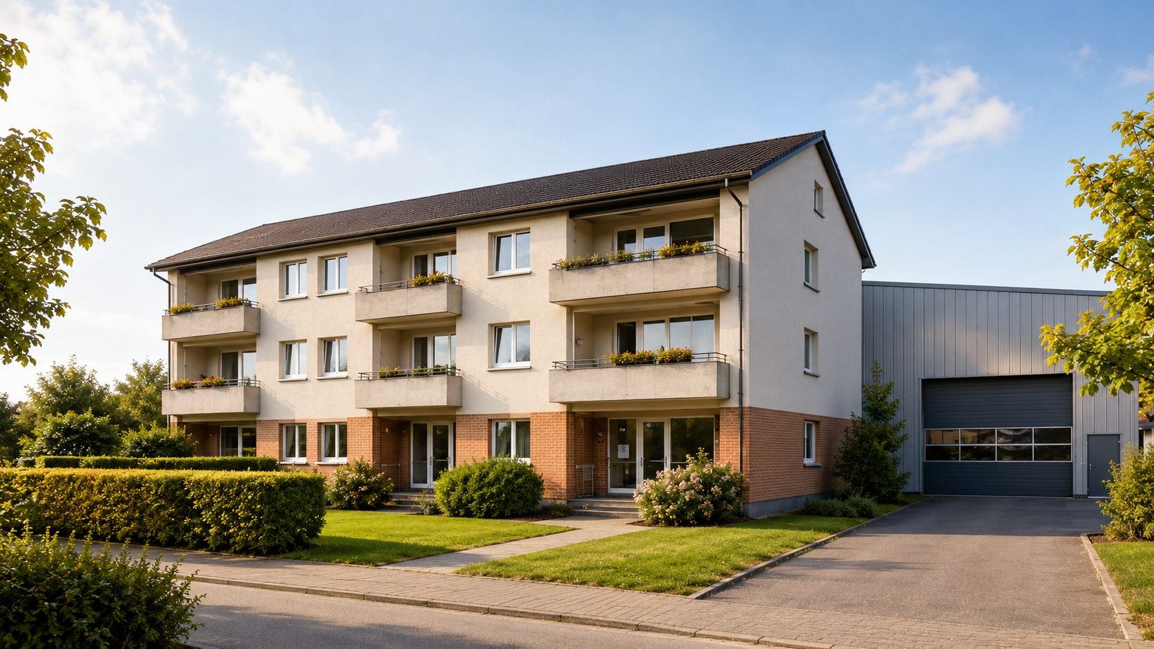 Bestandsgebäude mit Wohnhaus und Gewerbehalle für Heizungsmodernisierung und Energiekonzept