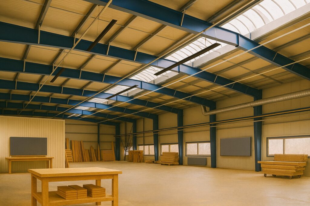 Moderne Gewerbehalle mit elektrischen Dunkelstrahlern zur Hallenheizung