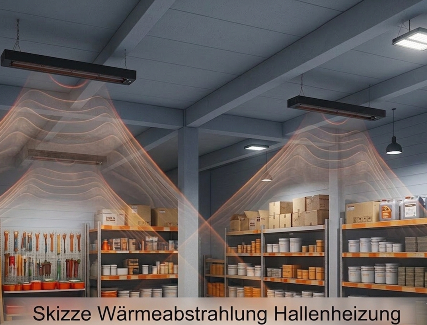 Skizze zur Wärmeabstrahlung elektrischer Dunkelstrahler in einer Halle